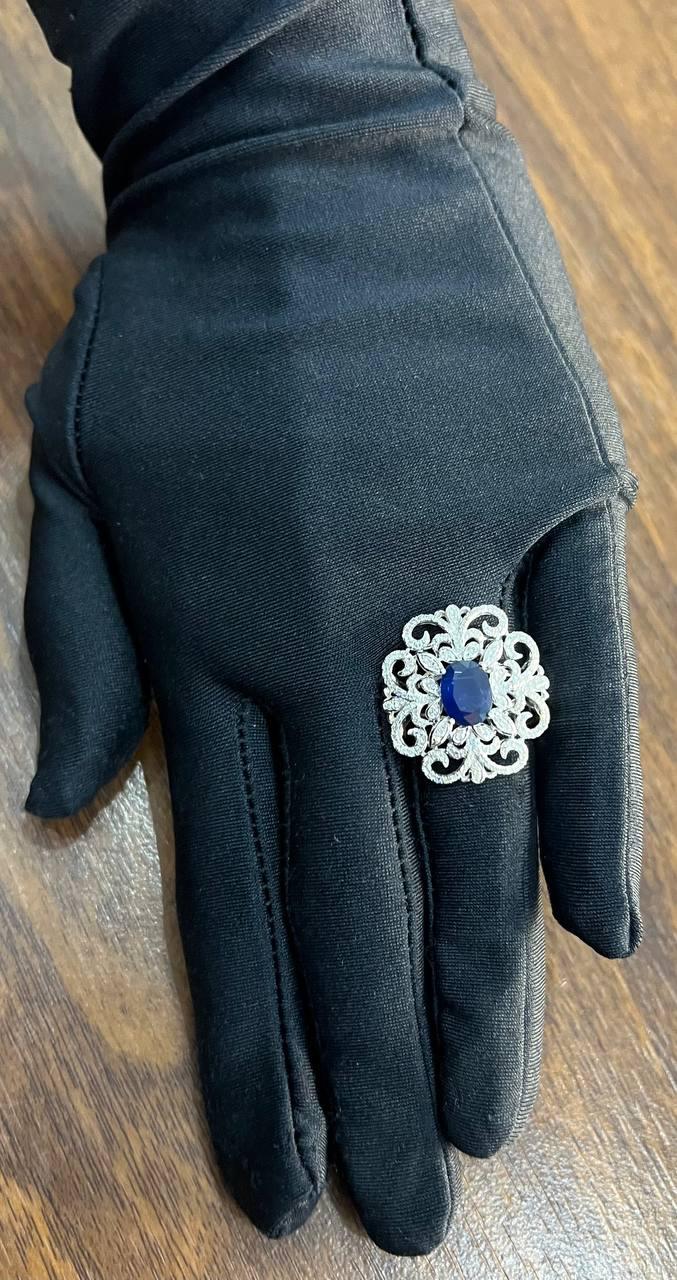 Oval Shape Blue Sapphire Diamonds Halo Pave Set White Gold Statement Motif Ring