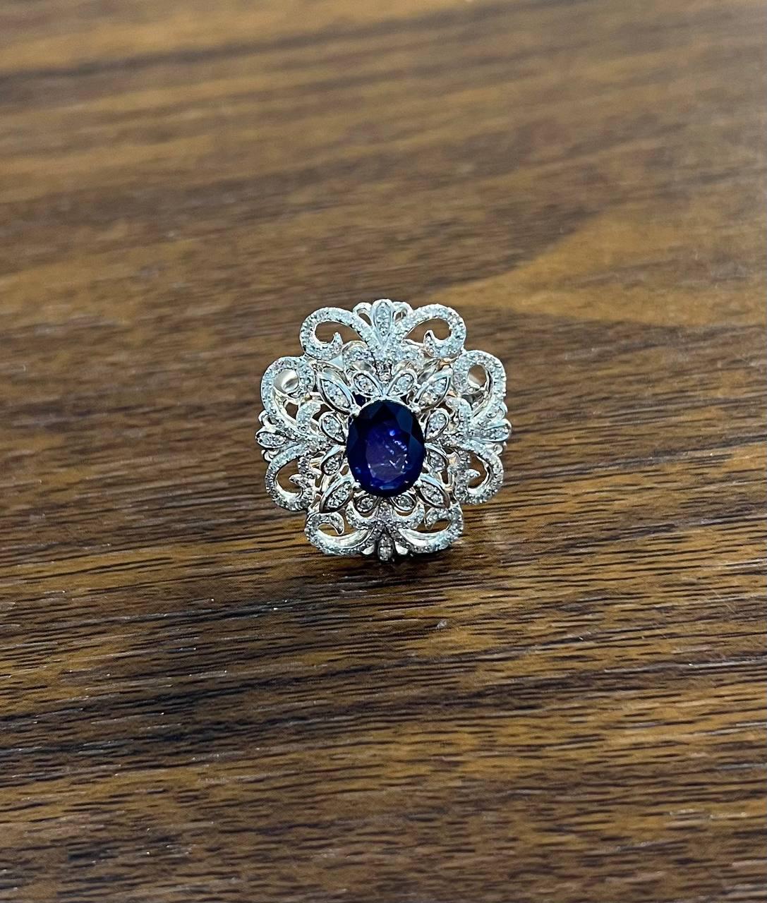 Oval Shape Blue Sapphire Diamonds Halo Pave Set White Gold Statement Motif Ring