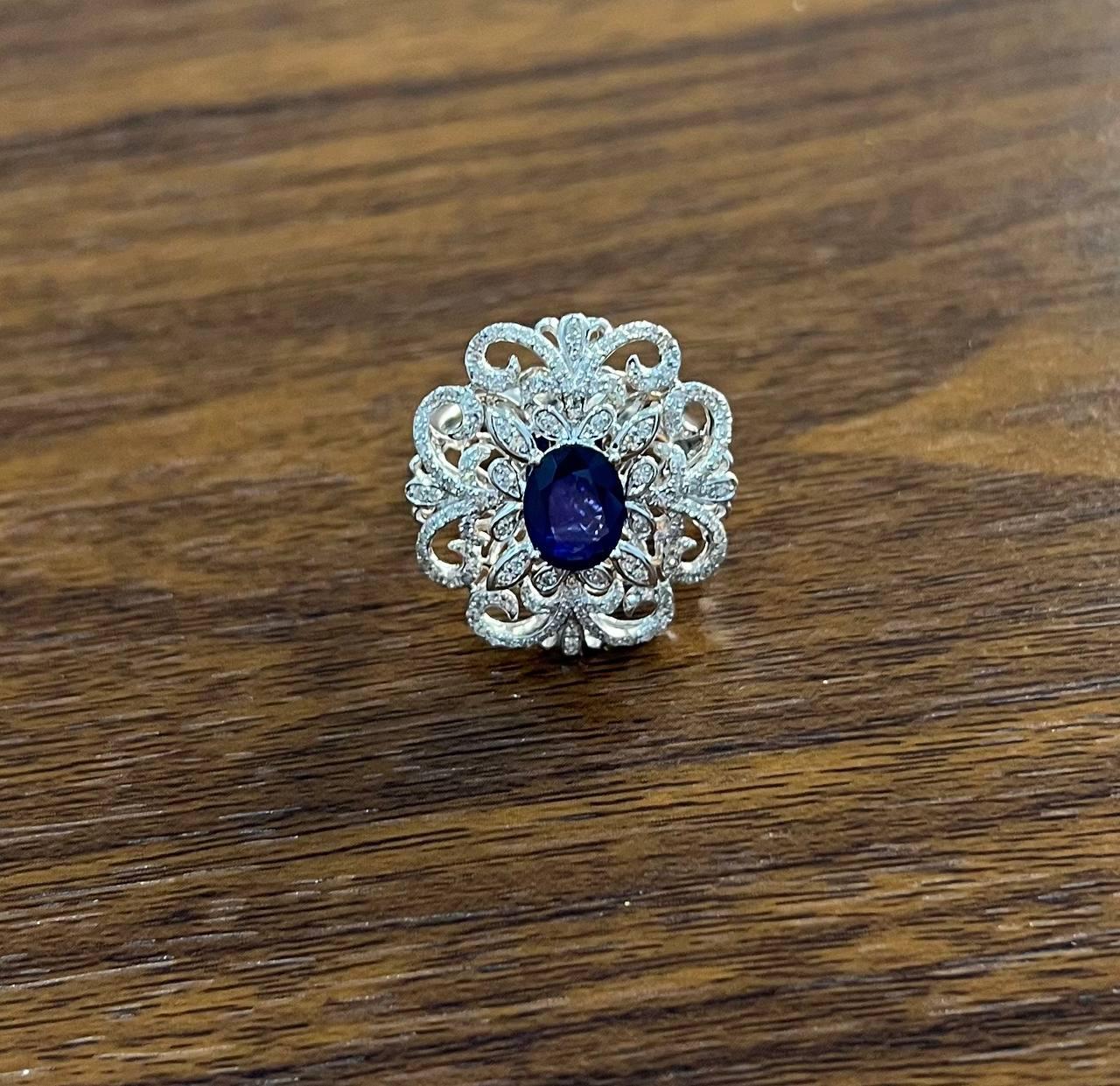 Oval Shape Blue Sapphire Diamonds Halo Pave Set White Gold Statement Motif Ring