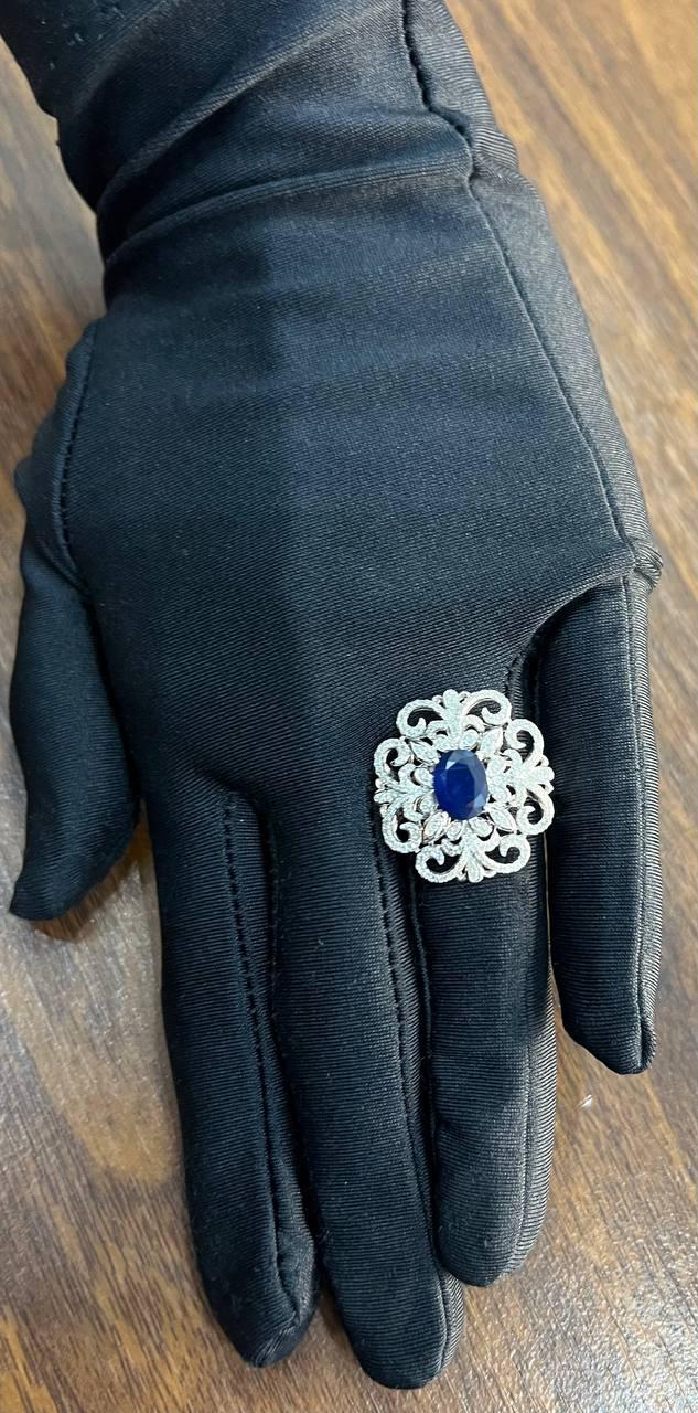 Oval Shape Blue Sapphire Diamonds Halo Pave Set White Gold Statement Motif Ring