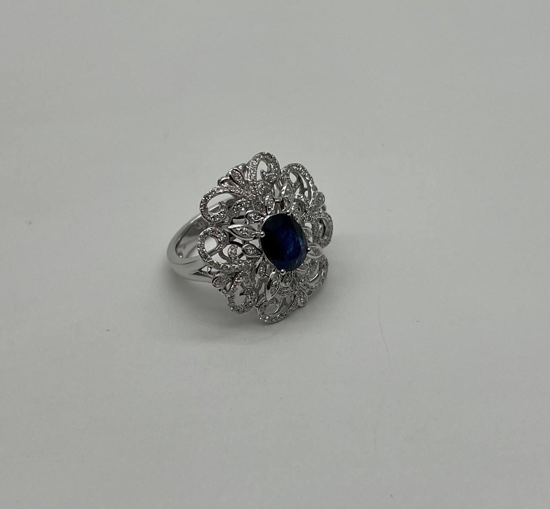 Oval Shape Blue Sapphire Diamonds Halo Pave Set White Gold Statement Motif Ring