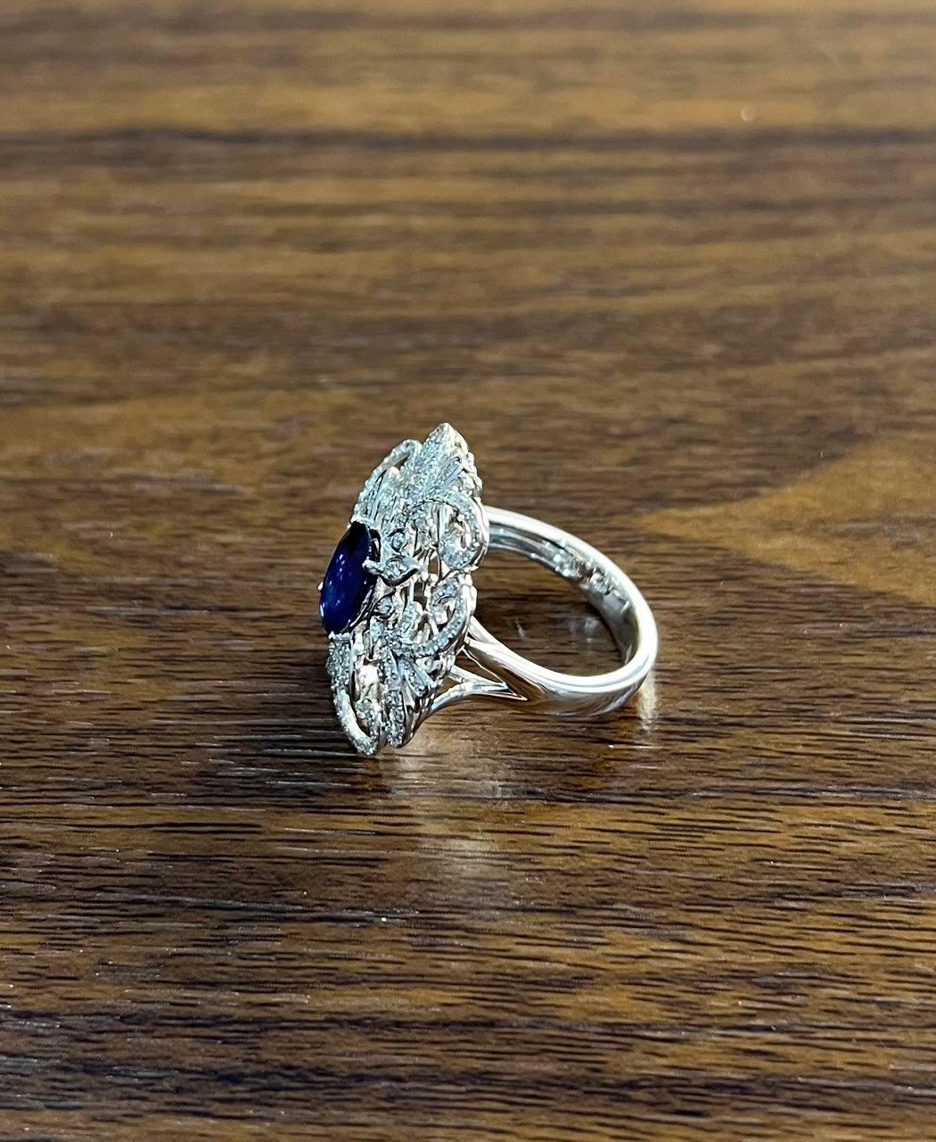 Oval Shape Blue Sapphire Diamonds Halo Pave Set White Gold Statement Motif Ring