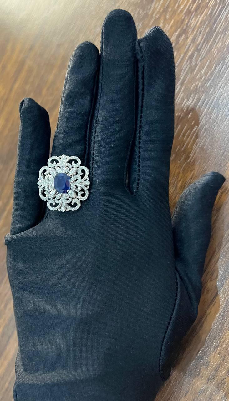 Oval Shape Blue Sapphire Diamonds Halo Pave Set White Gold Statement Motif Ring