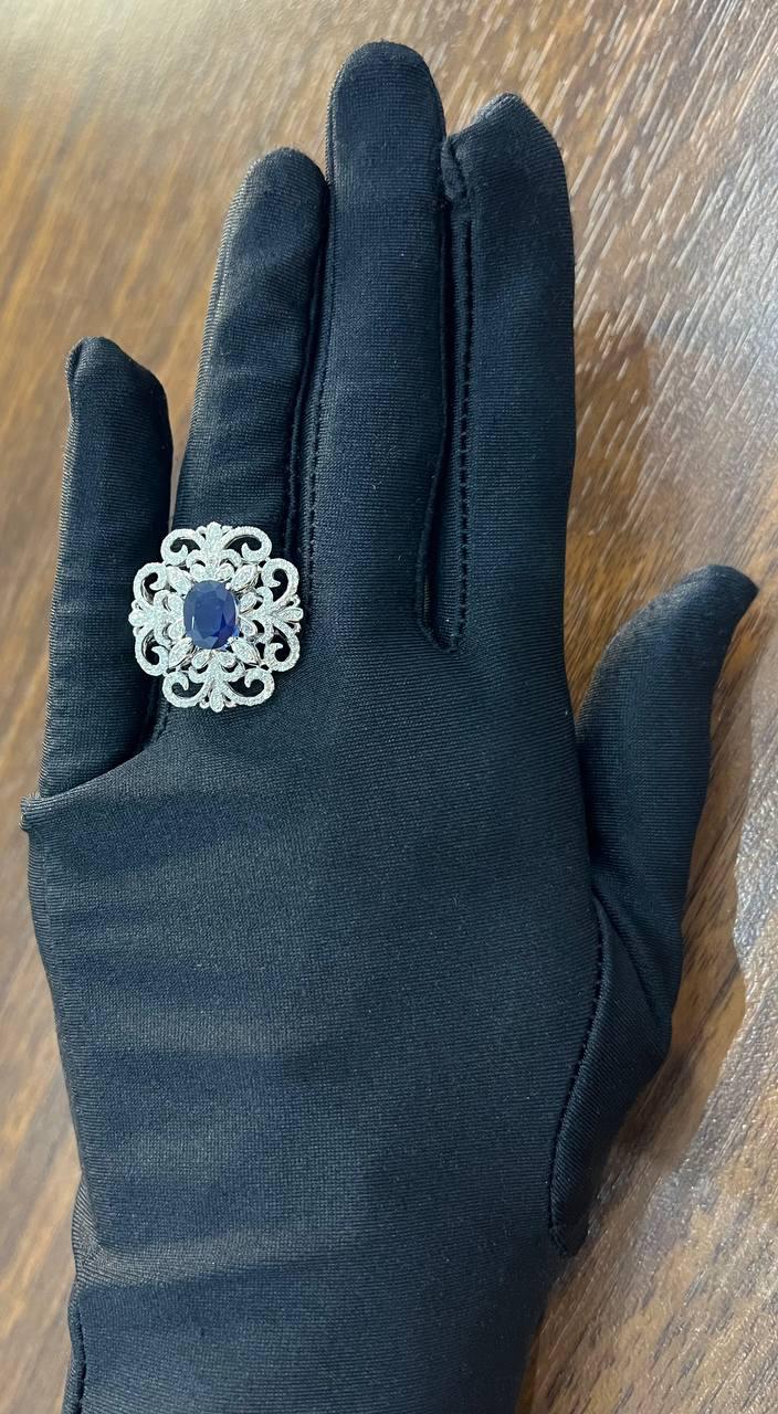 Oval Shape Blue Sapphire Diamonds Halo Pave Set White Gold Statement Motif Ring