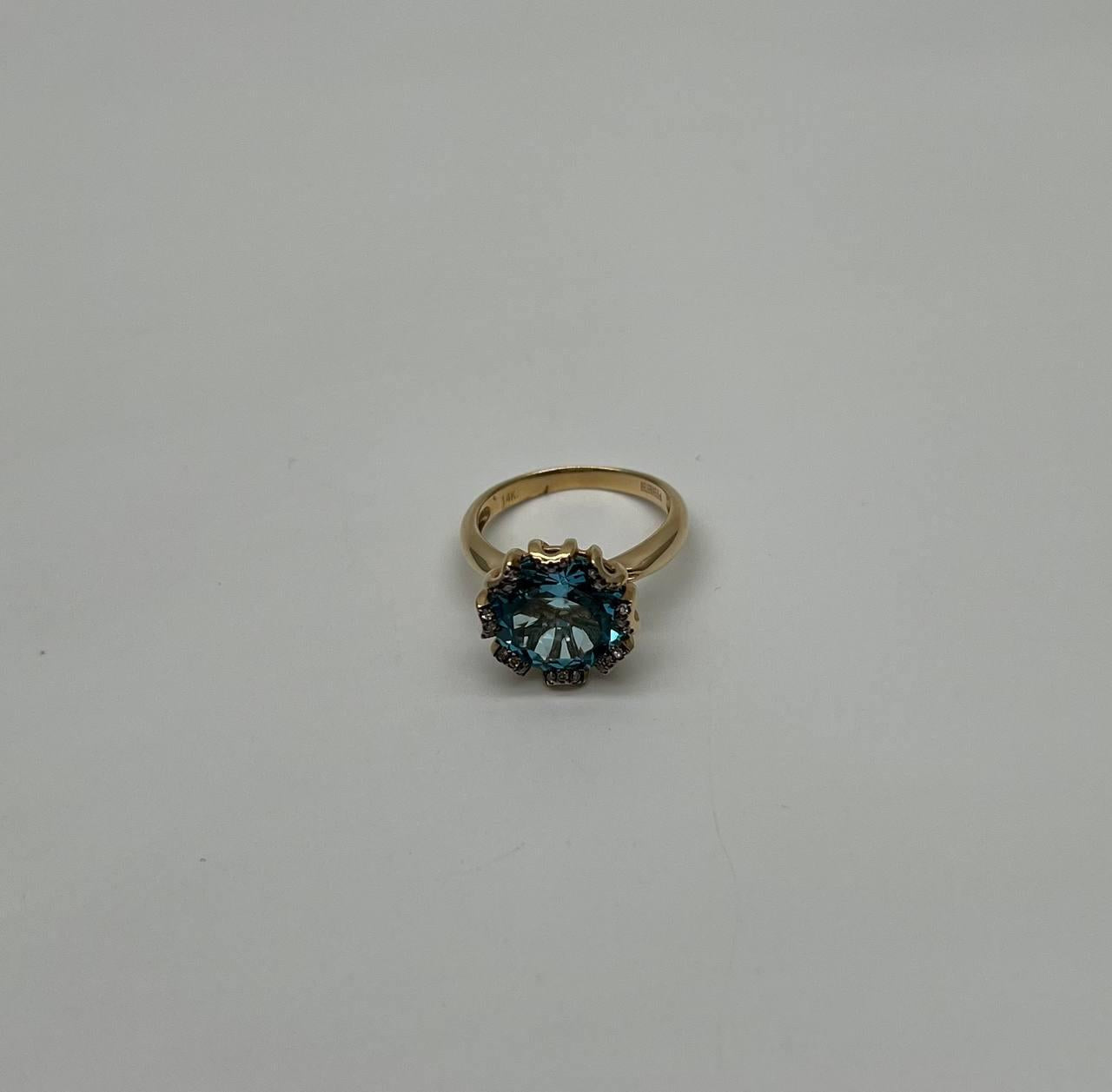 round swiss blue topaz floral flower setting 14k yellow gold diamonds ring