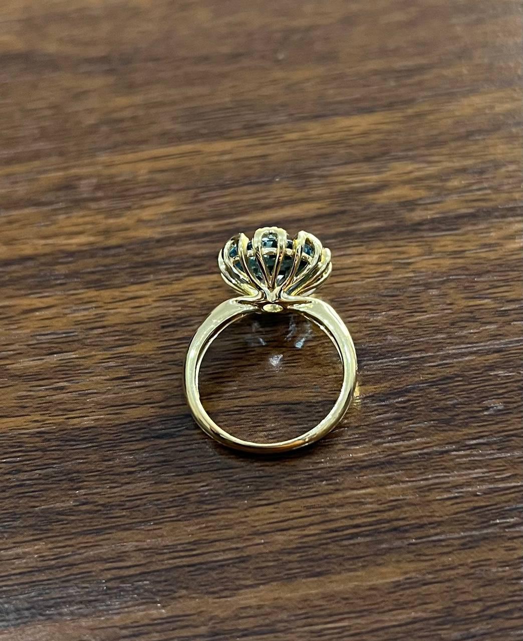 Round Swiss Blue Topaz Floral Flower Setting 14K Yellow Gold Diamonds Ring