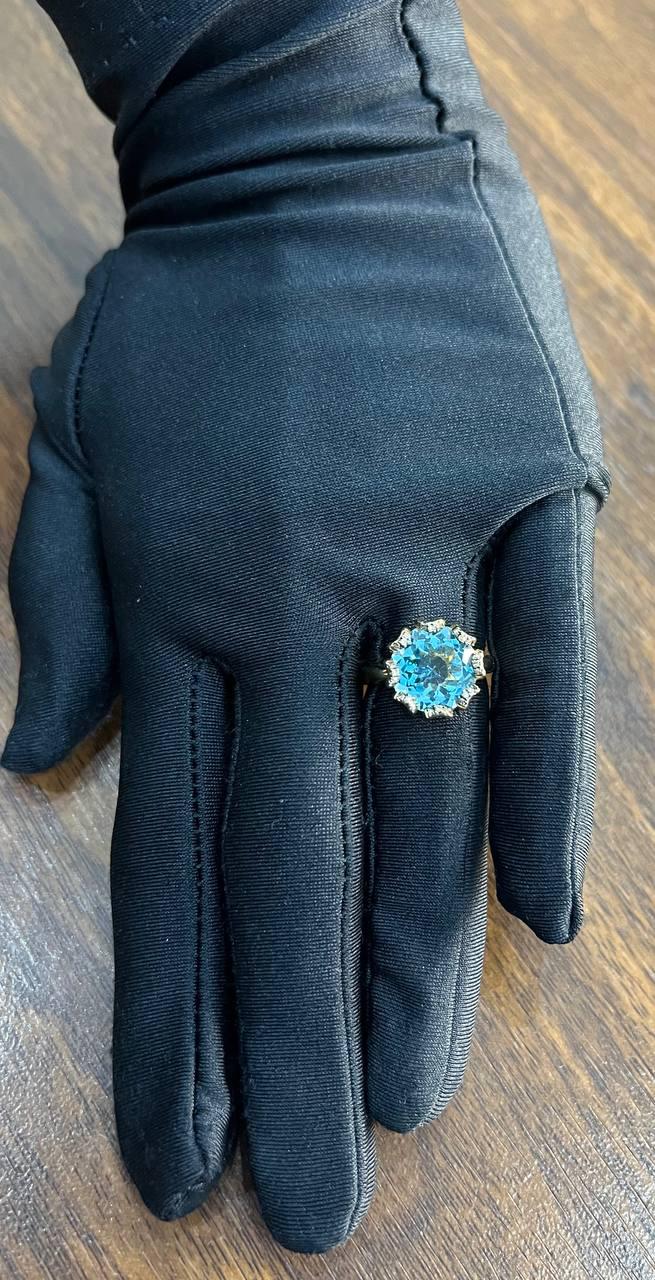 Round Swiss Blue Topaz Floral Flower Setting 14K Yellow Gold Diamonds Ring