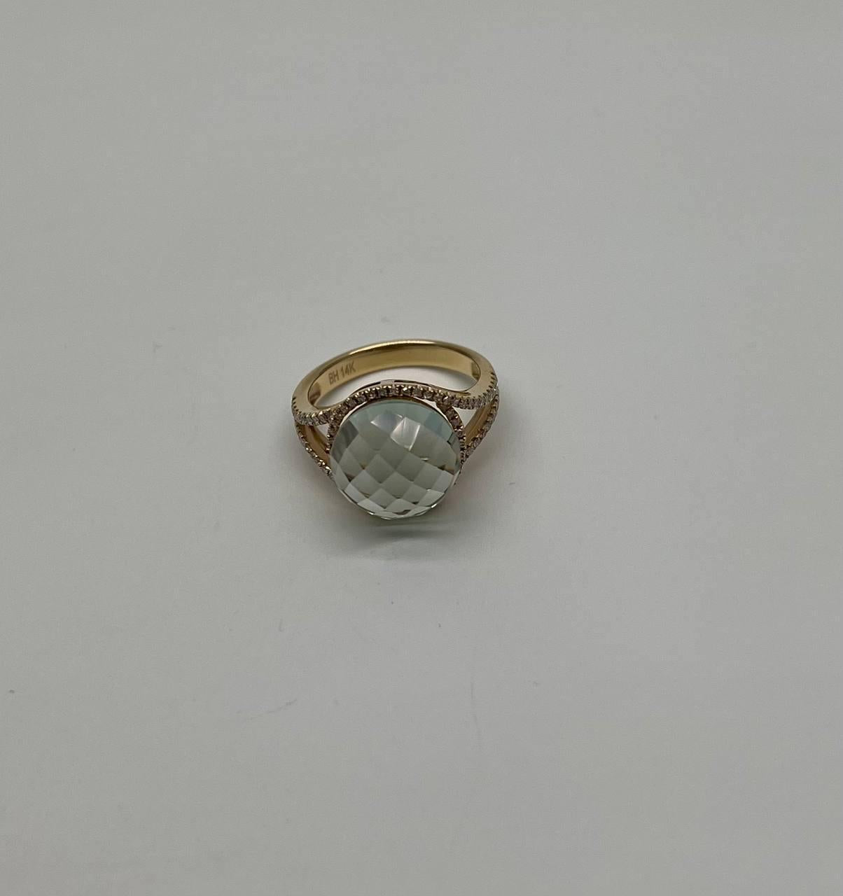 Round Shape Checkerboard Cut Green Amethyst Prasiolite 14K Gold Split Shank Ring