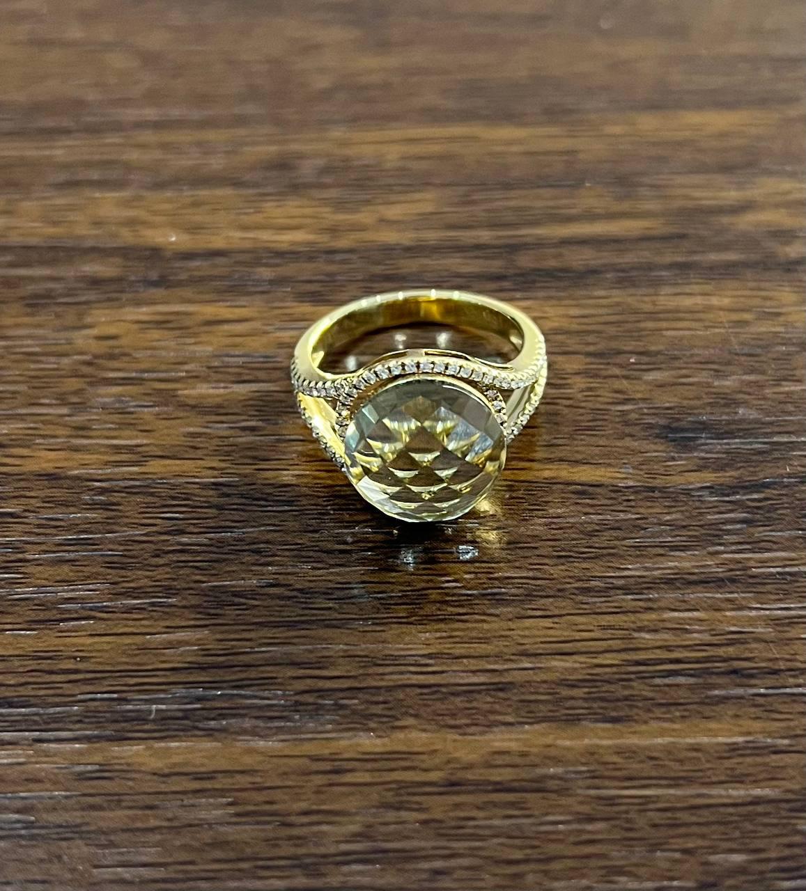 Round Shape Checkerboard Cut Green Amethyst Prasiolite 14K Gold Split Shank Ring