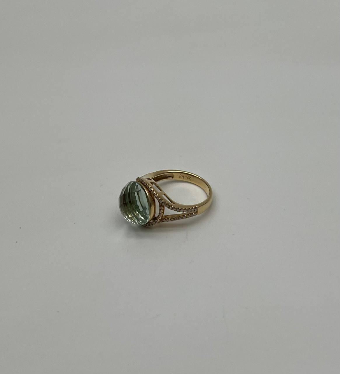 Round Shape Checkerboard Cut Green Amethyst Prasiolite 14K Gold Split Shank Ring