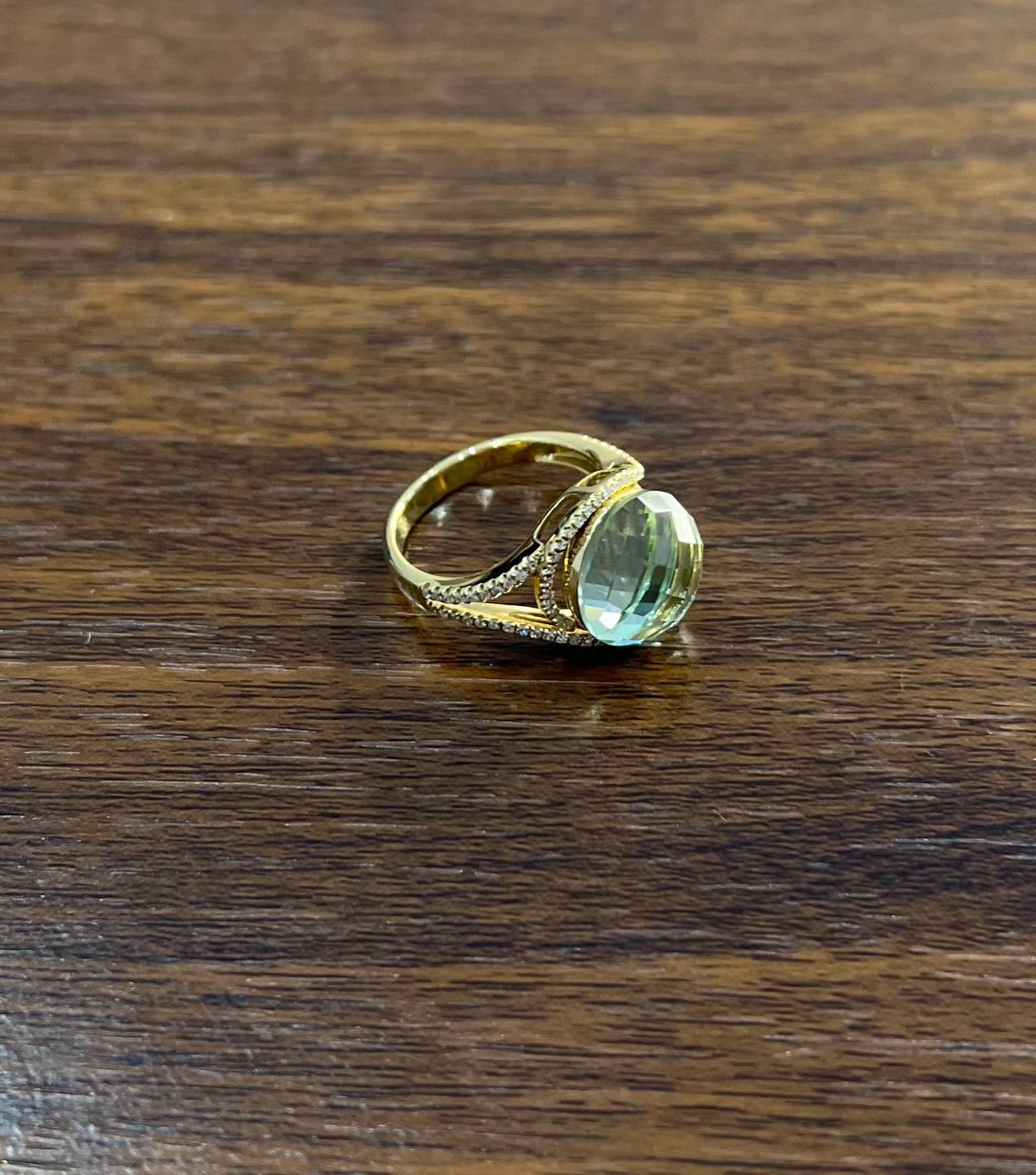 Round Shape Checkerboard Cut Green Amethyst Prasiolite 14K Gold Split Shank Ring