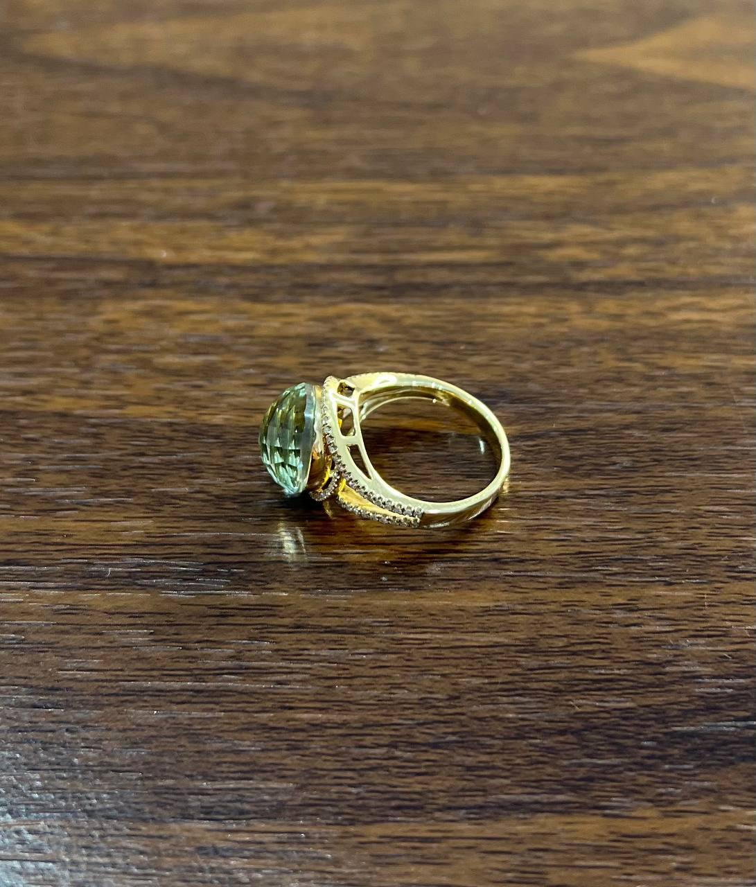 Round Shape Checkerboard Cut Green Amethyst Prasiolite 14K Gold Split Shank Ring