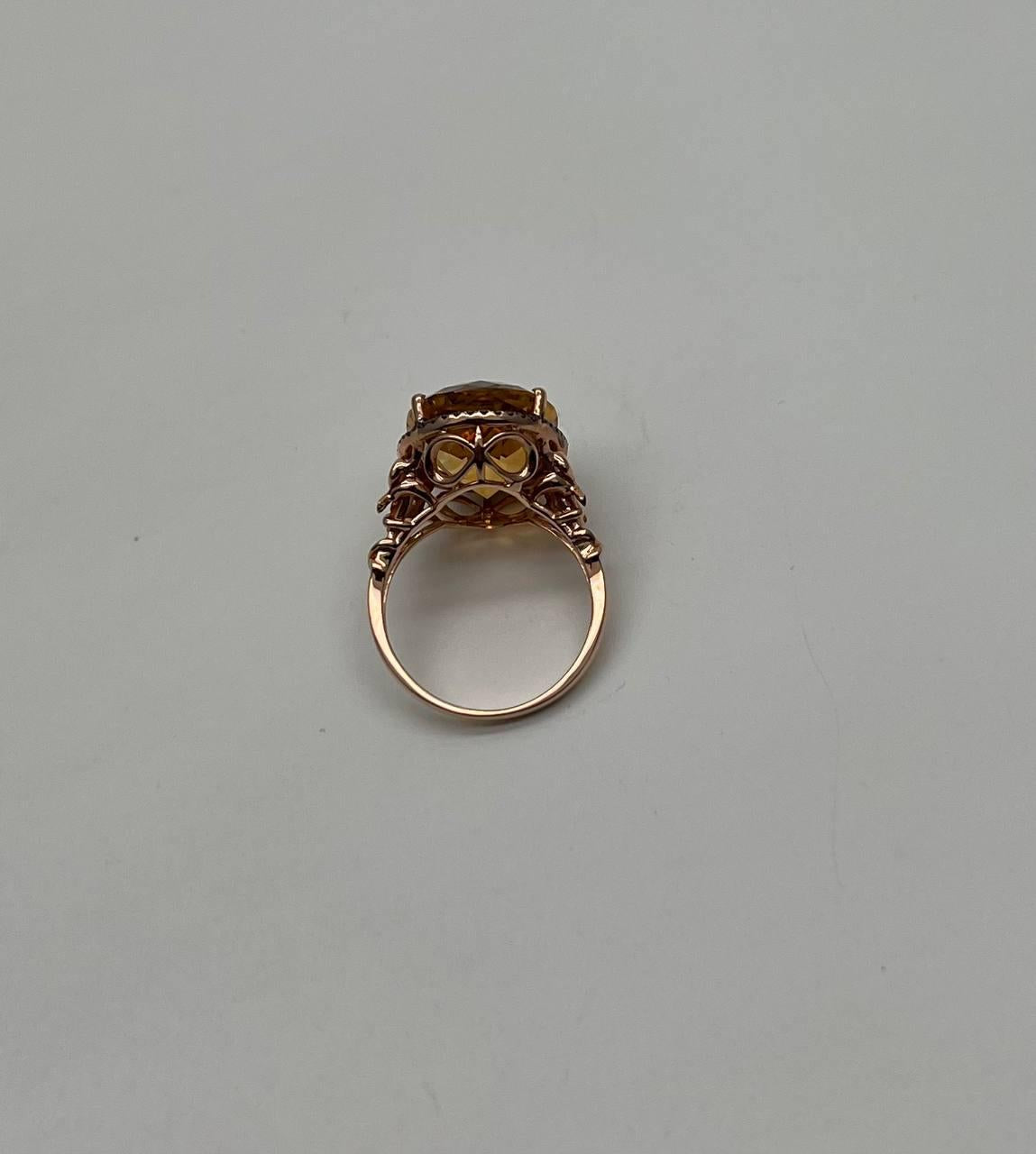 Orange Amber Citrine Black Diamond Halo Set Rose Gold Statement Cocktail Ring