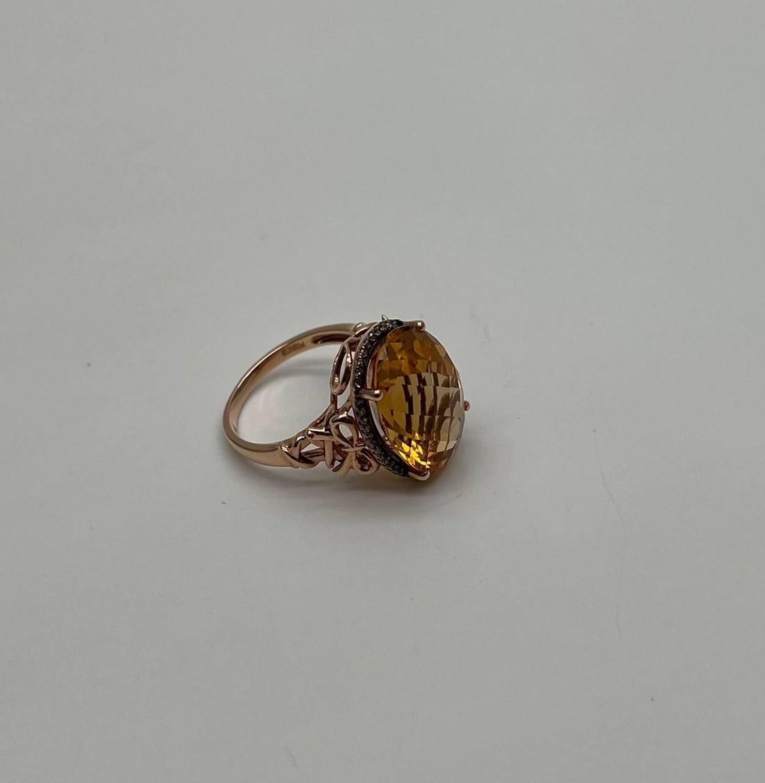 Orange Amber Citrine Black Diamond Halo Set Rose Gold Statement Cocktail Ring