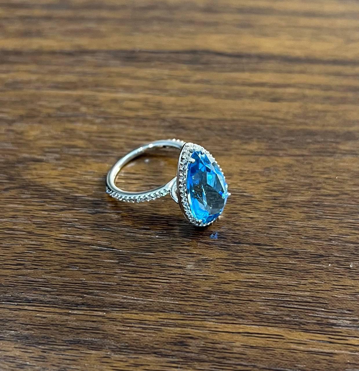 Pear Tear Swiss Blue Topaz Diamond Halo 14K White Gold Statement Cocktail Ring