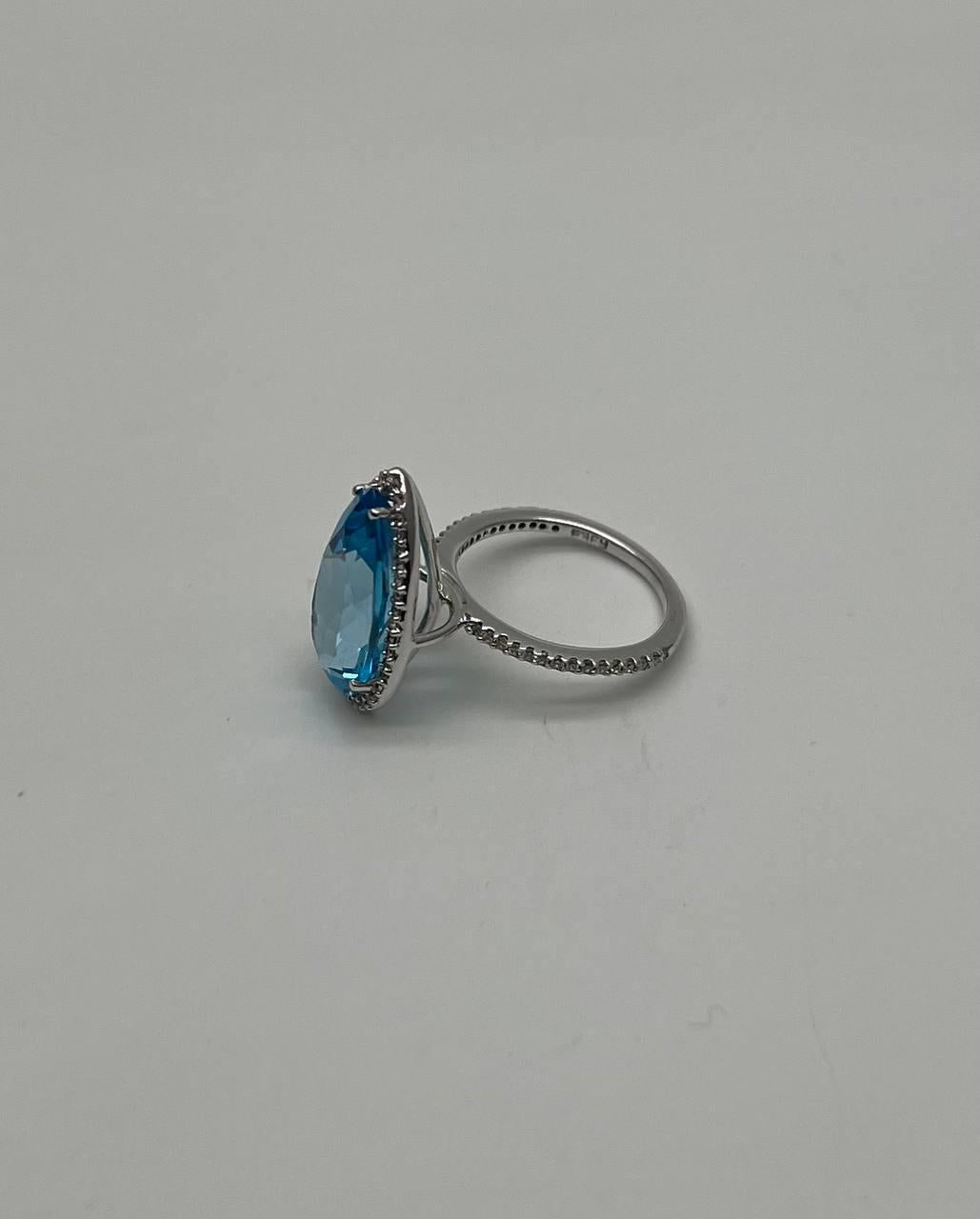 Pear Tear Swiss Blue Topaz Diamond Halo 14K White Gold Statement Cocktail Ring