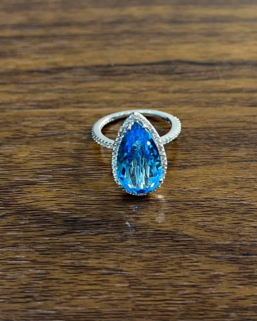 Pear Tear Swiss Blue Topaz Diamond Halo 14K White Gold Statement Cocktail Ring