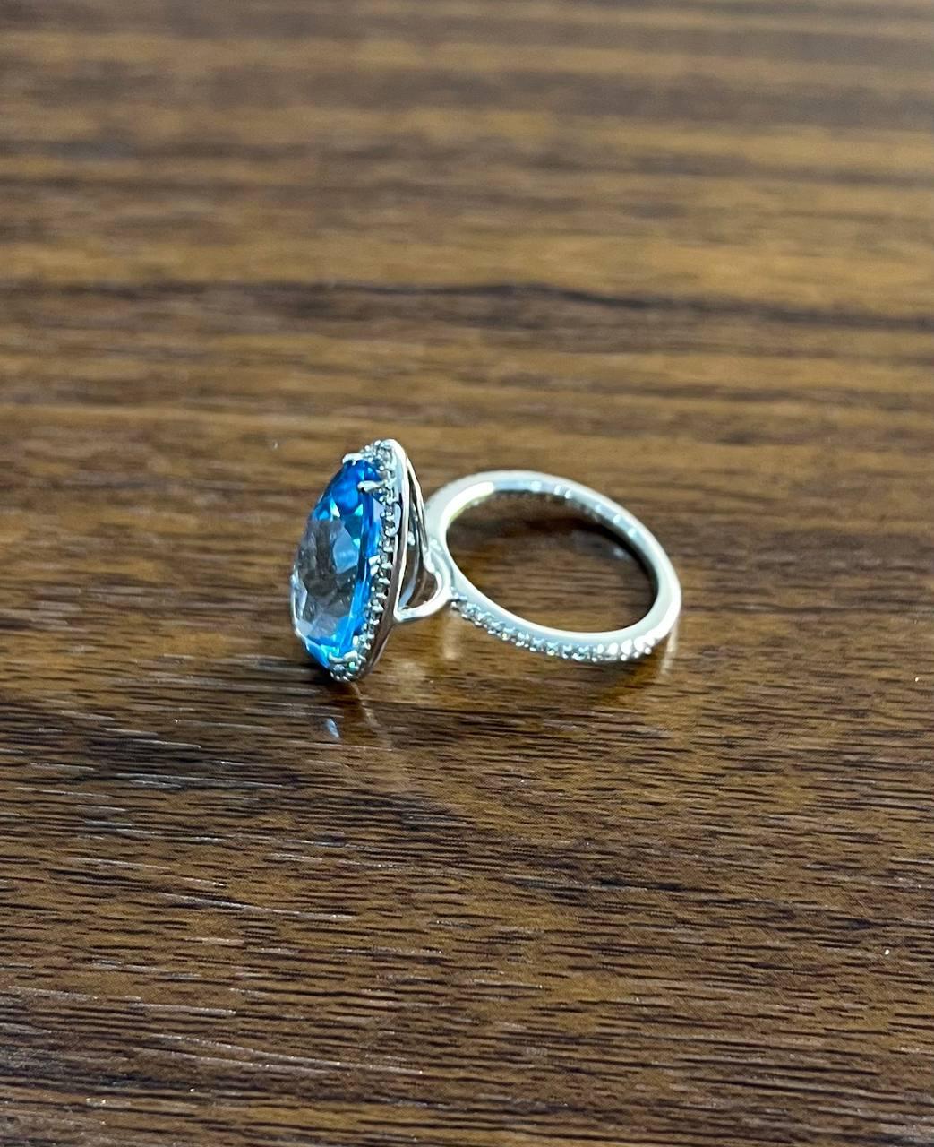 Pear Tear Swiss Blue Topaz Diamond Halo 14K White Gold Statement Cocktail Ring