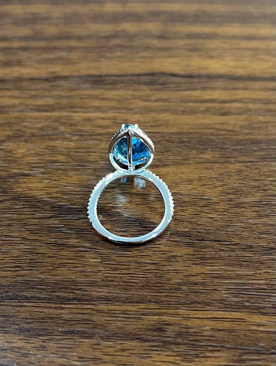 Pear Tear Swiss Blue Topaz Diamond Halo 14K White Gold Statement Cocktail Ring