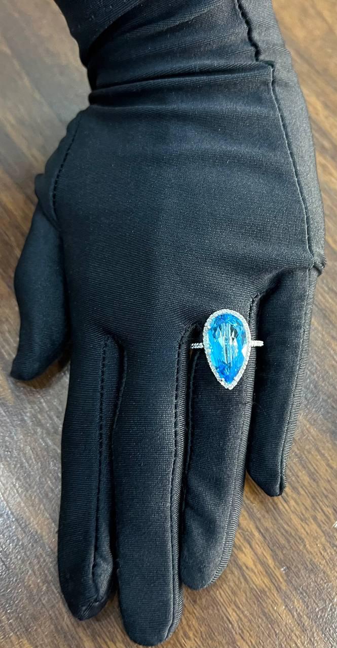 Pear Tear Swiss Blue Topaz Diamond Halo 14K White Gold Statement Cocktail Ring