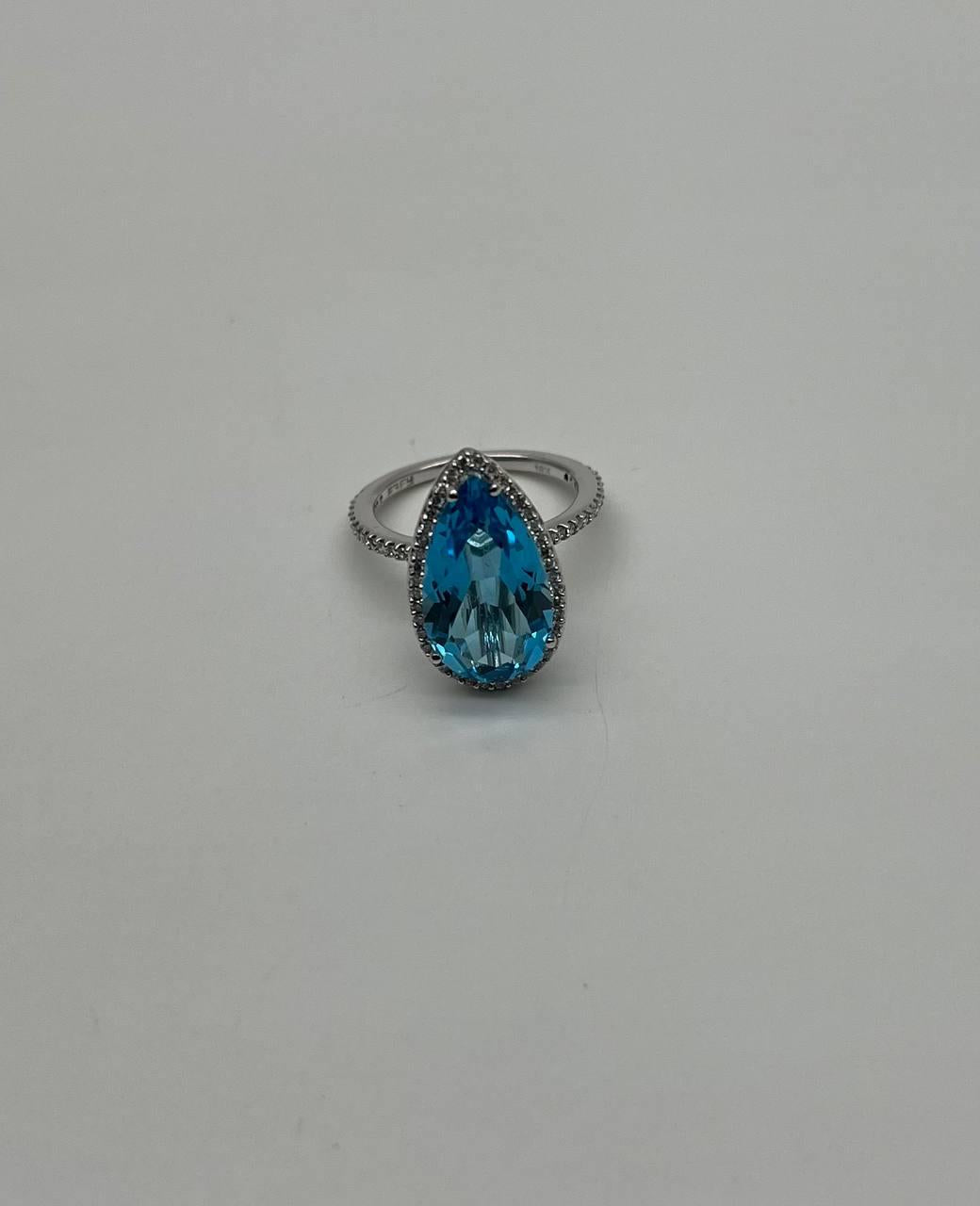 Pear Tear Swiss Blue Topaz Diamond Halo 14K White Gold Statement Cocktail Ring