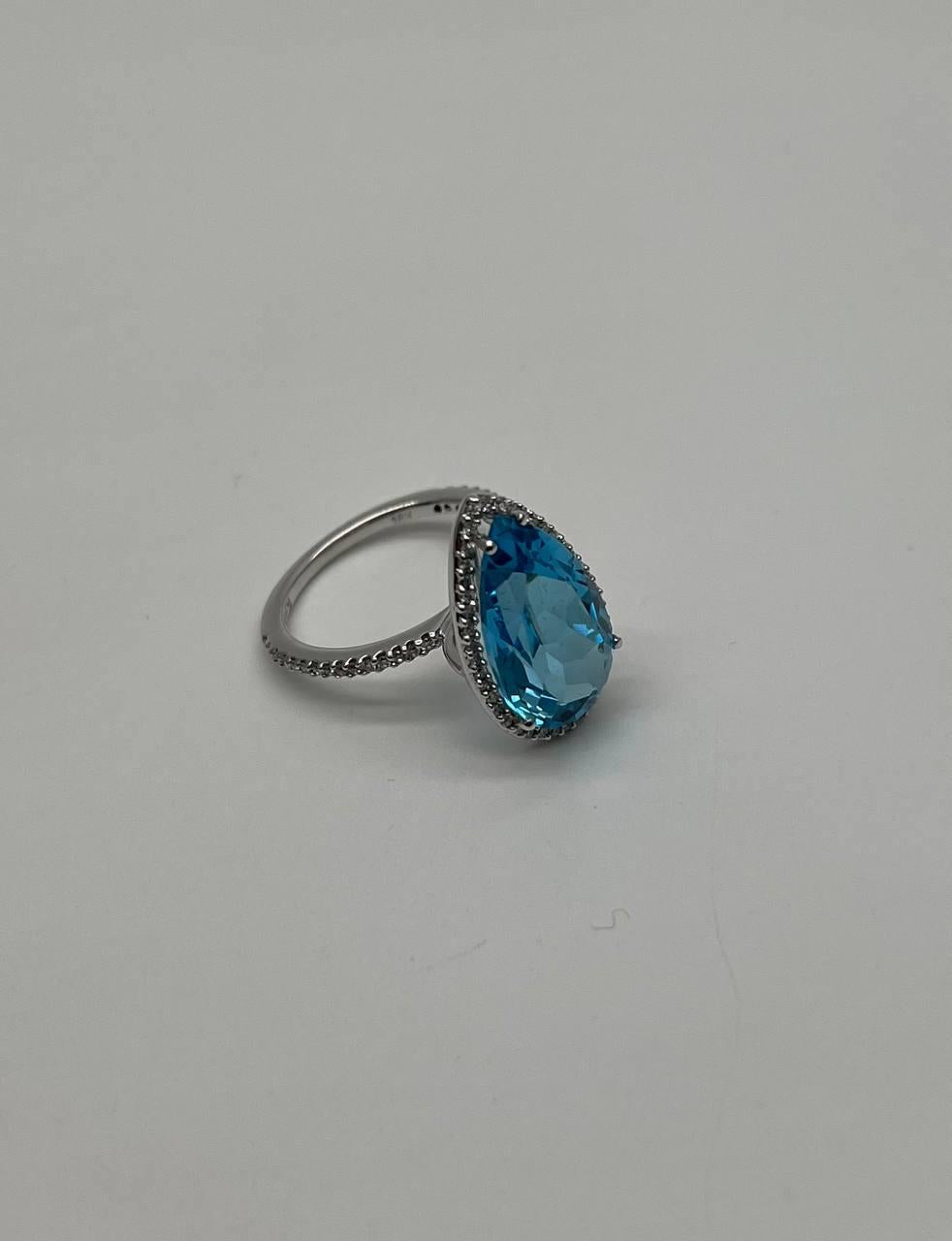 Pear Tear Swiss Blue Topaz Diamond Halo 14K White Gold Statement Cocktail Ring