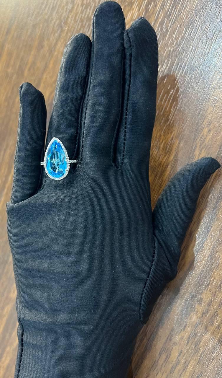 Pear Tear Swiss Blue Topaz Diamond Halo 14K White Gold Statement Cocktail Ring