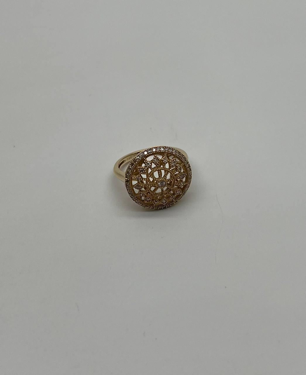 Diamond Compass Filigree Halo 14K Yellow Gold Statement Symbol Ring
