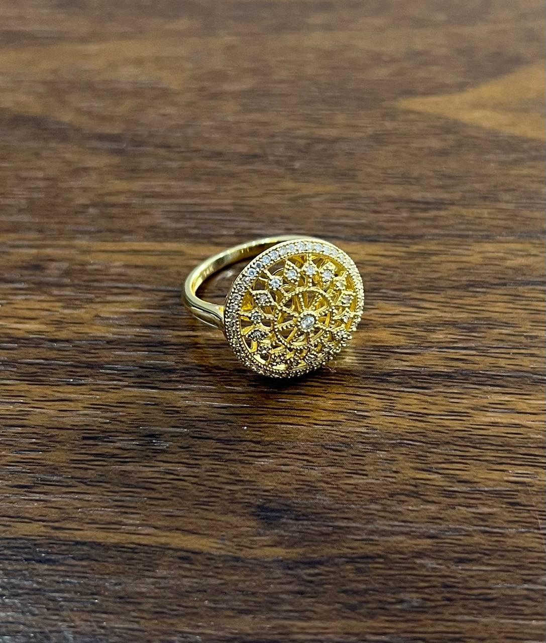 Diamond Compass Filigree Halo 14K Yellow Gold Statement Symbol Ring