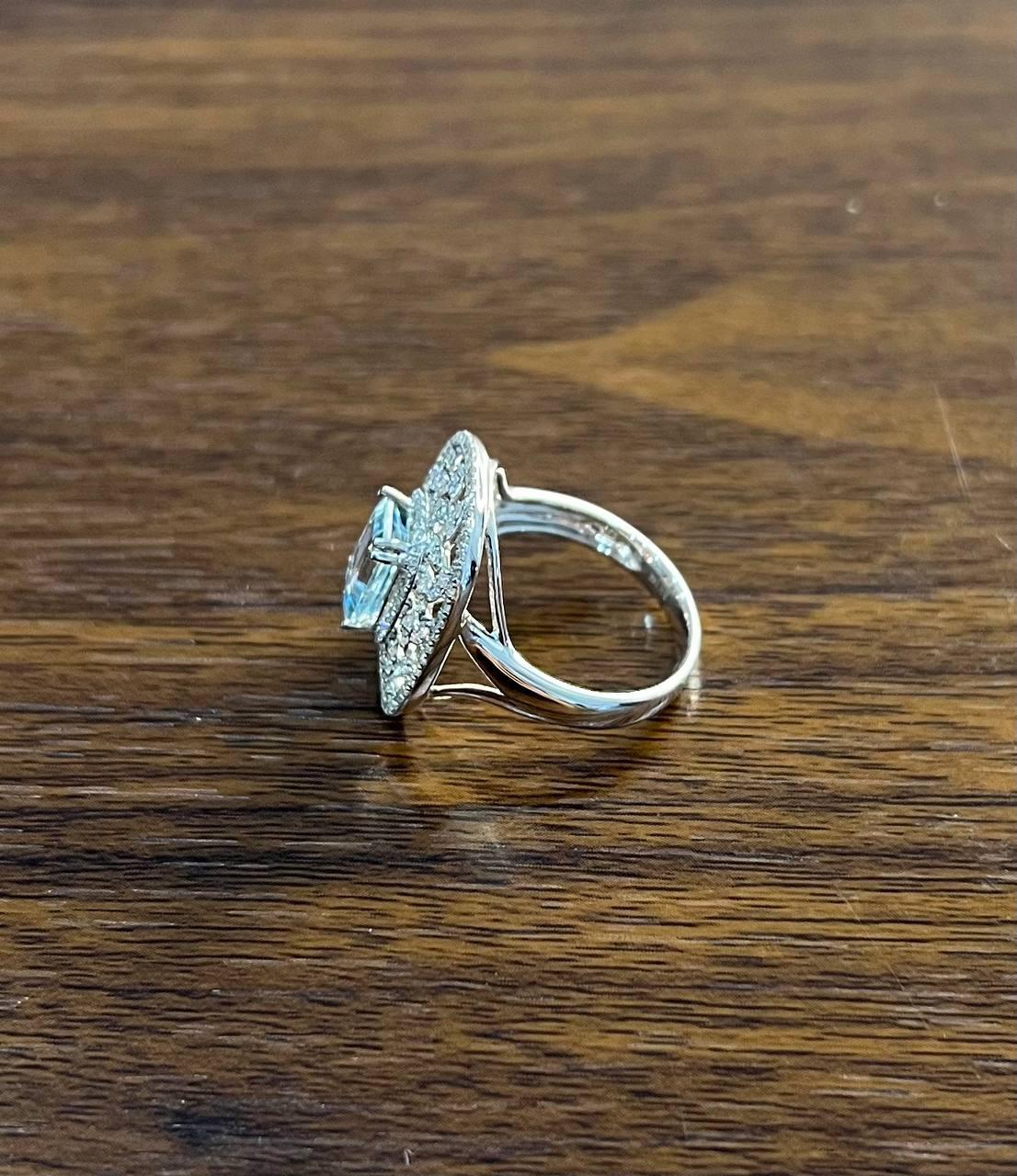 Rectangle Shape Blue Aquamarine & Diamond Halo Pave Set Leaf 14K White Gold Ring