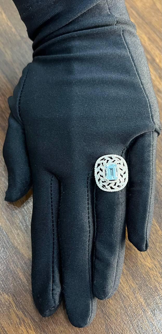 Rectangle Shape Blue Aquamarine & Diamond Halo Pave Set Leaf 14K White Gold Ring