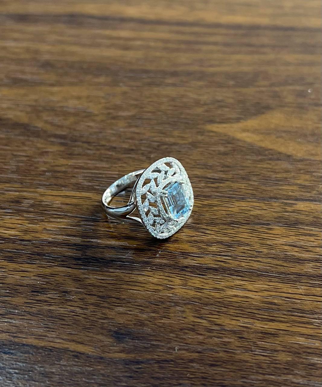 Rectangle Shape Blue Aquamarine & Diamond Halo Pave Set 14K White Gold Ring