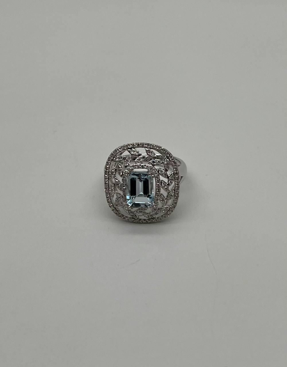 Rectangle Shape Blue Aquamarine & Diamond Halo Pave Set 14K White Gold Ring