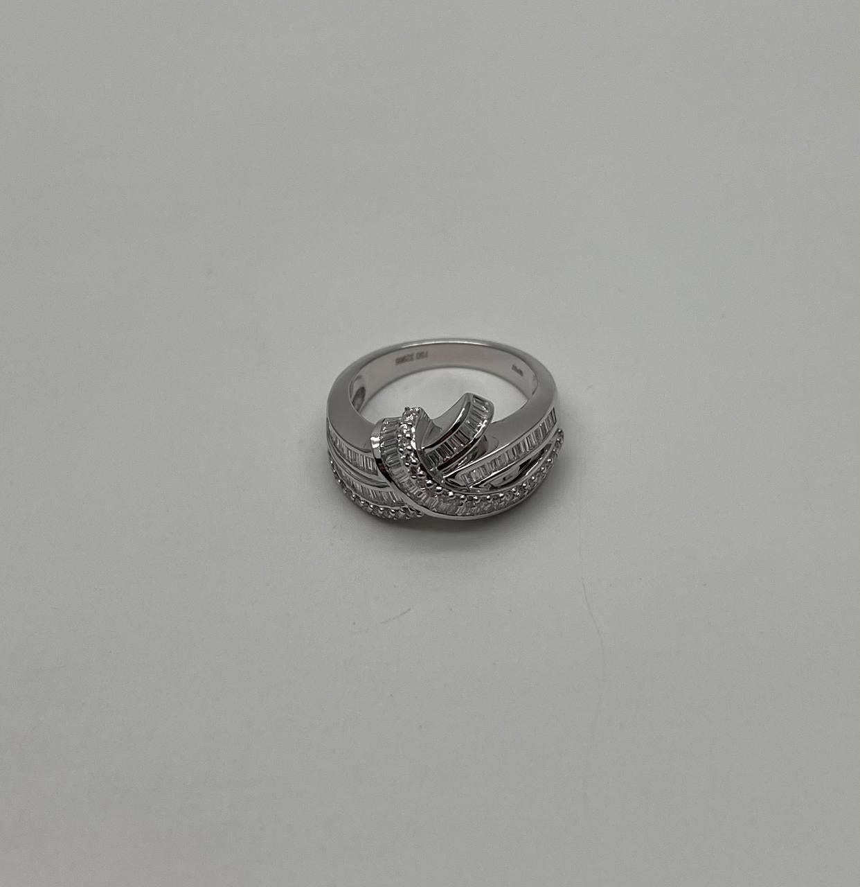 Diamond Baguette Channel Set Twist Waves 14K White Gold Statement Ring