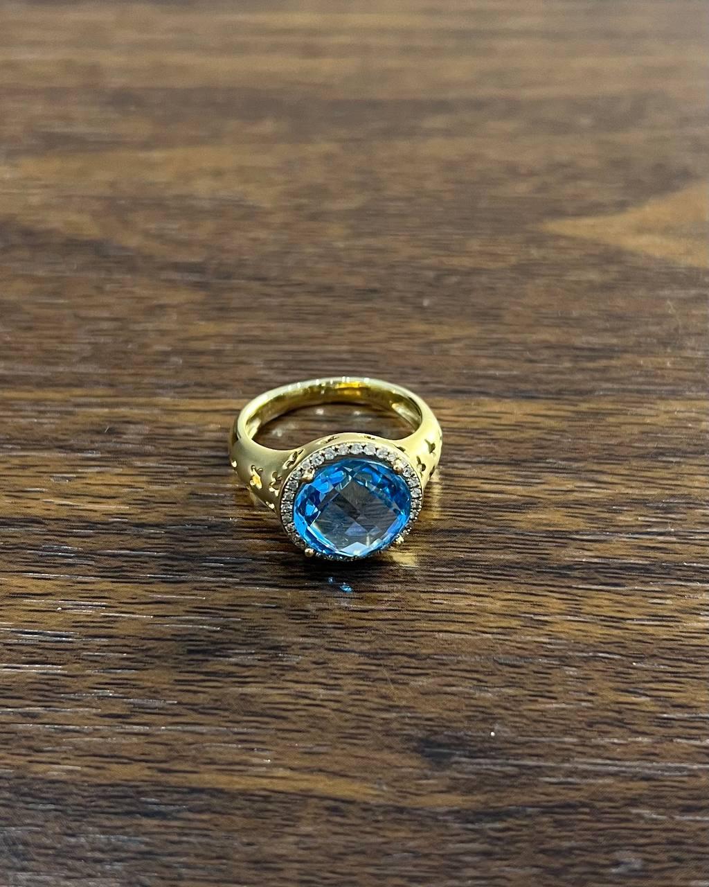Round Swiss Blue Topaz Diamond Halo 14K Yellow Gold Statement Signet Ring