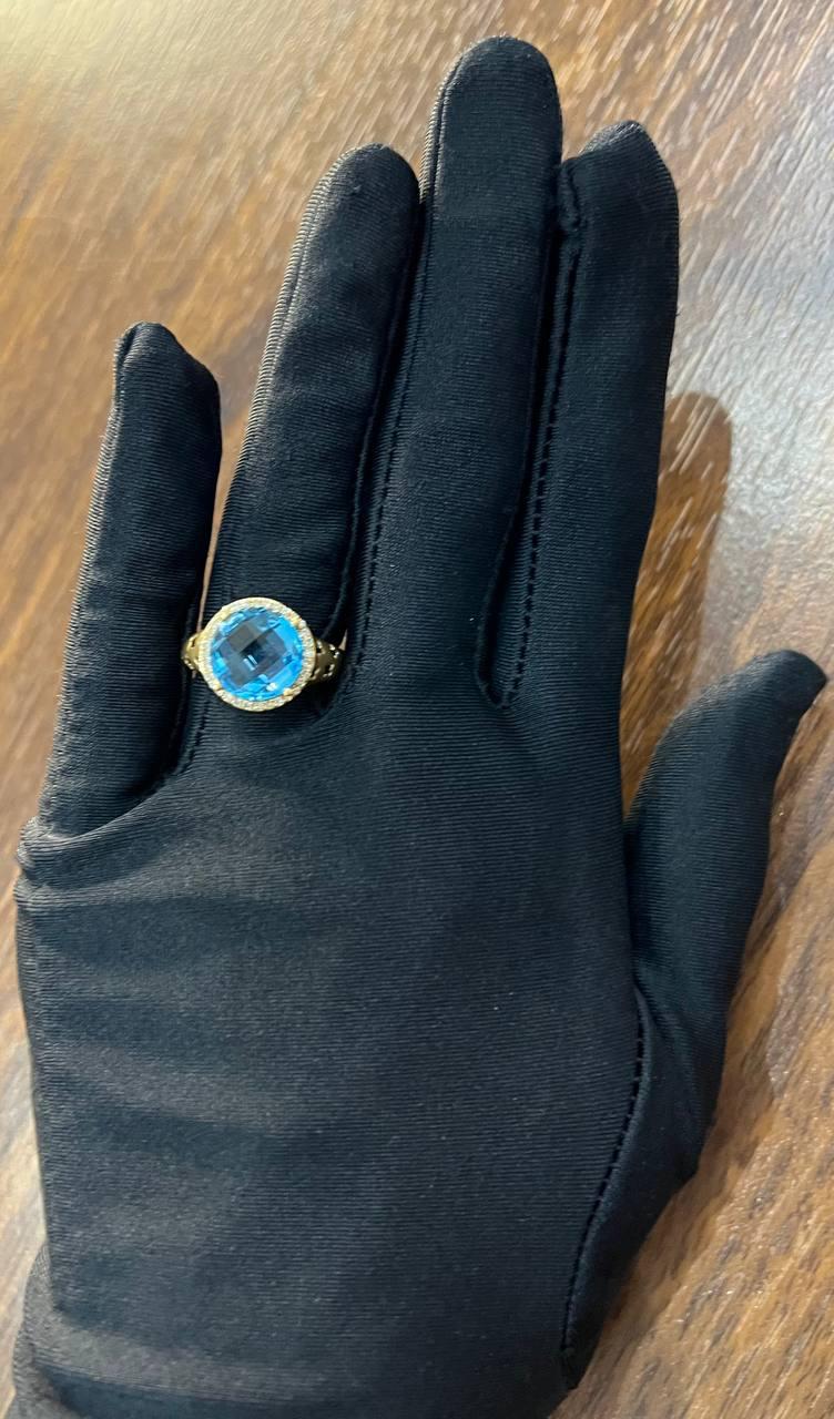 Round Swiss Blue Topaz Diamond Halo 14K Yellow Gold Statement Signet Ring