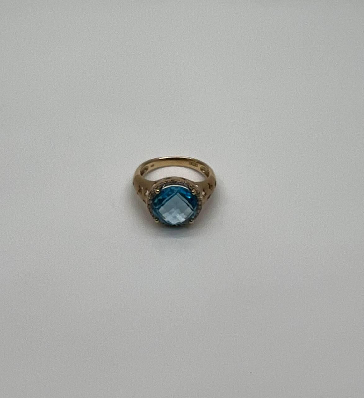 Round Swiss Blue Topaz Diamond Halo 14K Yellow Gold Statement Signet Ring