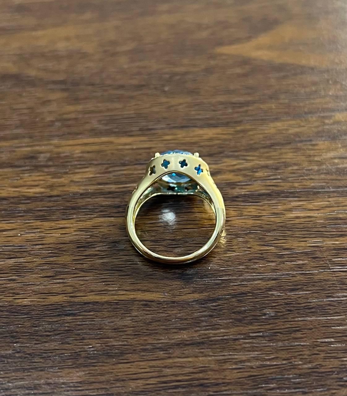 Round Swiss Blue Topaz Diamond Halo 14K Yellow Gold Statement Signet Ring