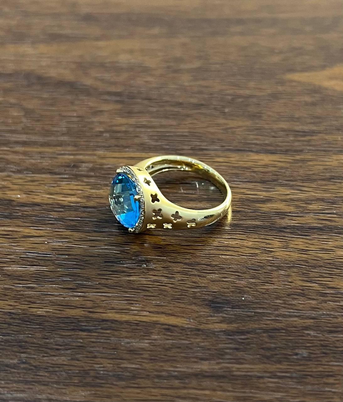 Round Swiss Blue Topaz Diamond Halo 14K Yellow Gold Statement Signet Ring