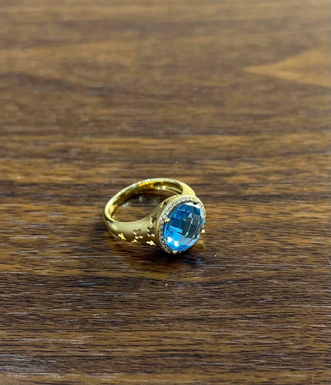 Round Swiss Blue Topaz Diamond Halo 14K Yellow Gold Statement Signet Ring
