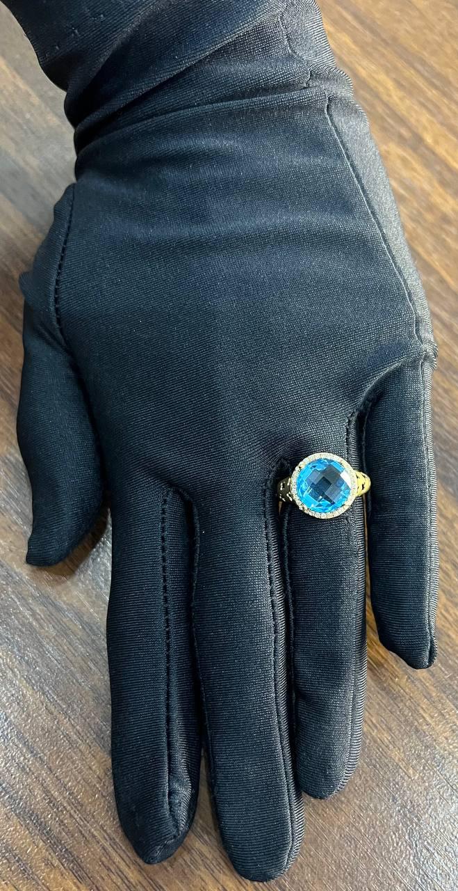 Round Swiss Blue Topaz Diamond Halo 14K Yellow Gold Statement Signet Ring