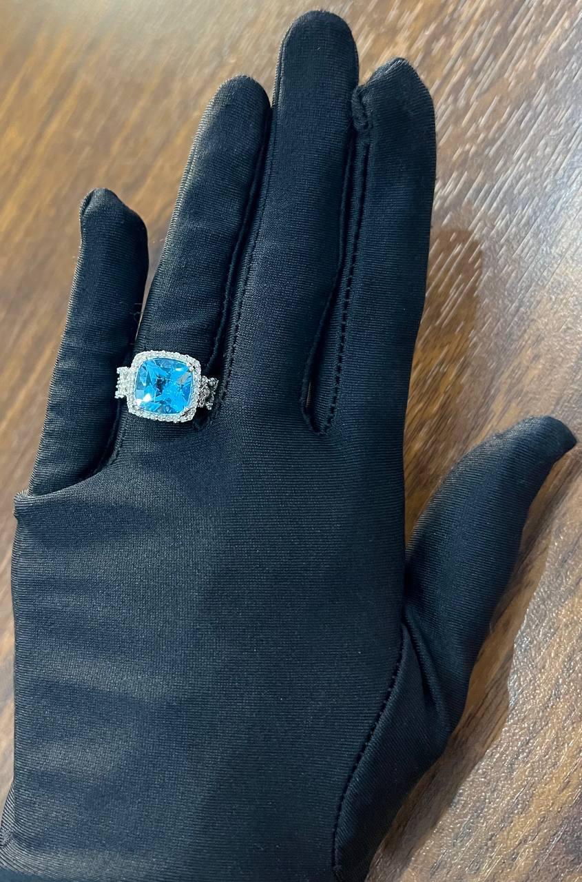 Cushion Shape Swiss Blue Topaz 14K White Gold Diamonds Halo Thick Band Ring