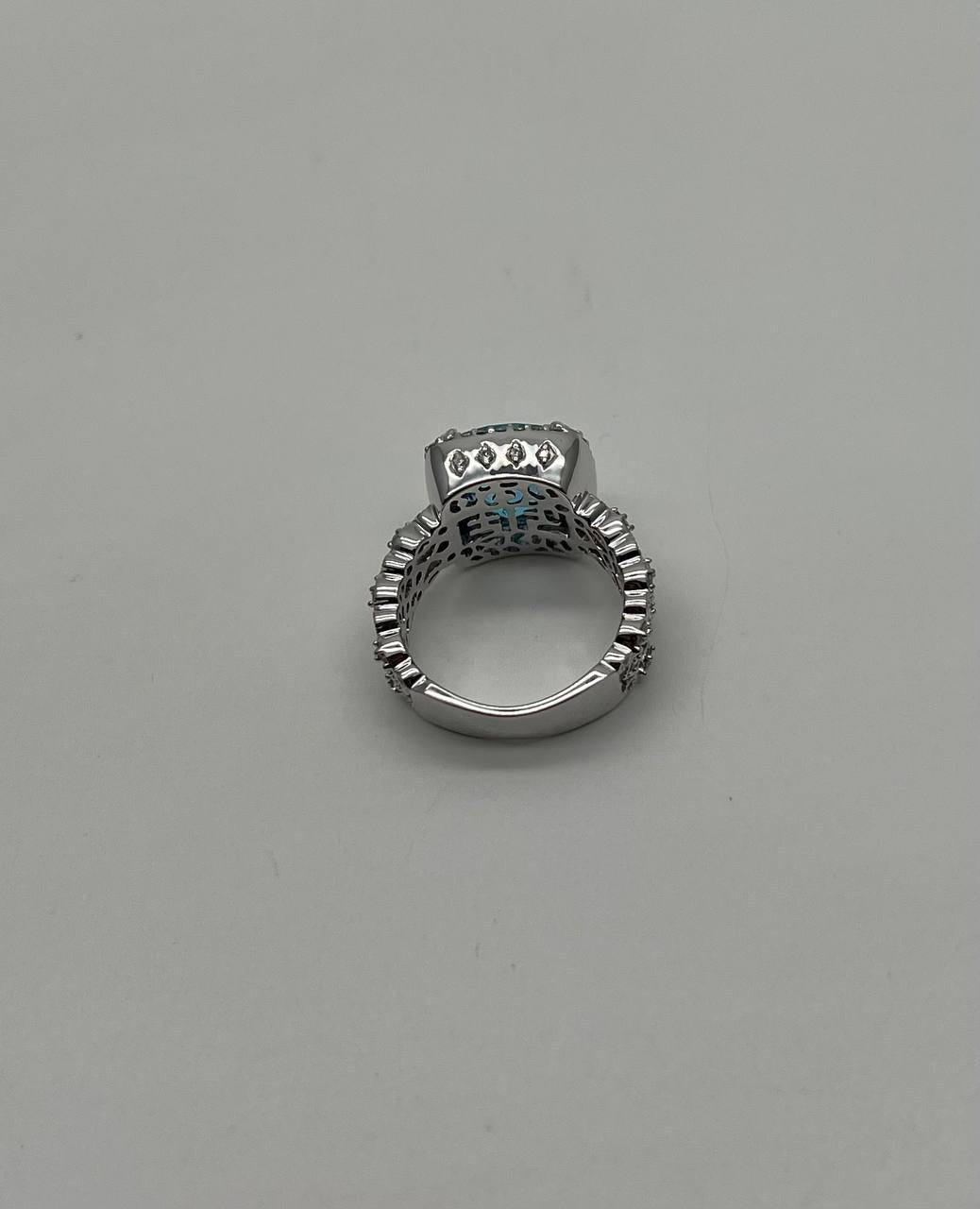 Cushion Shape Swiss Blue Topaz 14K White Gold Diamonds Halo Thick Band Ring