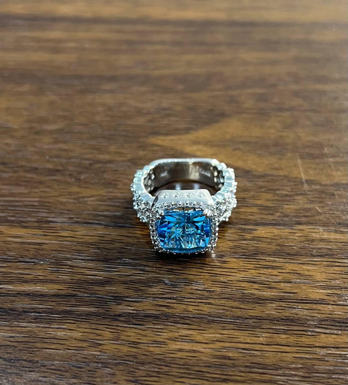 Cushion Shape Swiss Blue Topaz 14K White Gold Diamonds Halo Thick Band Ring