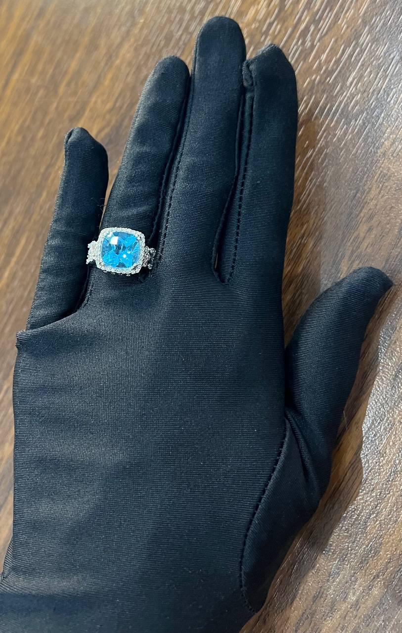 Cushion Shape Swiss Blue Topaz 14K White Gold Diamonds Halo Thick Band Ring