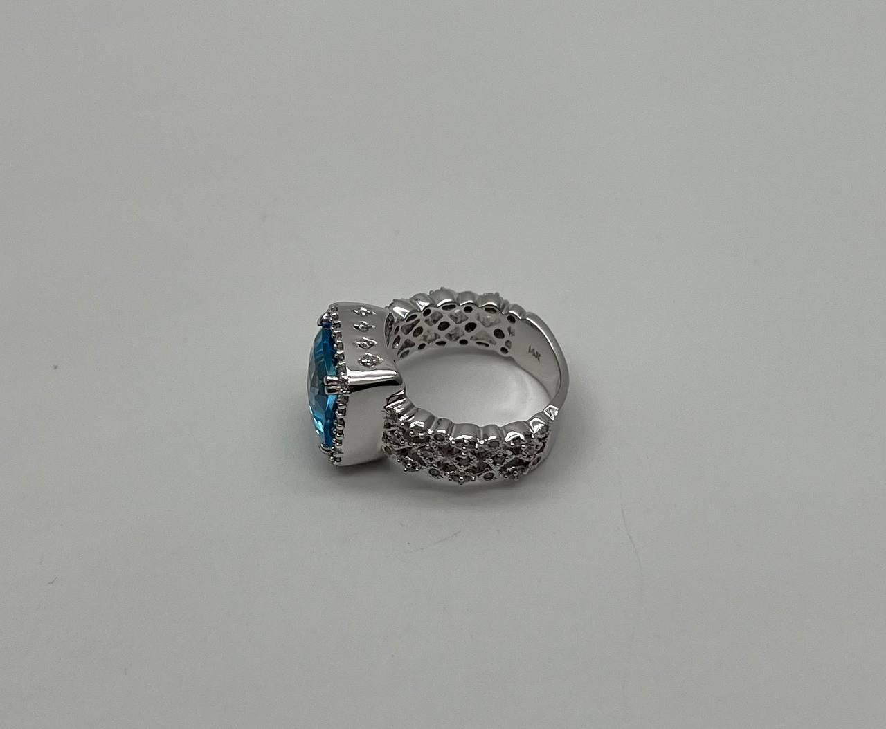 Cushion Shape Swiss Blue Topaz 14K White Gold Diamonds Halo Thick Band Ring
