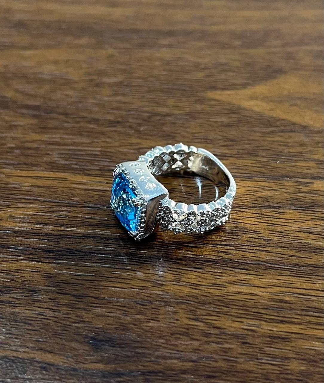 Cushion Shape Swiss Blue Topaz 14K White Gold Diamonds Halo Thick Band Ring