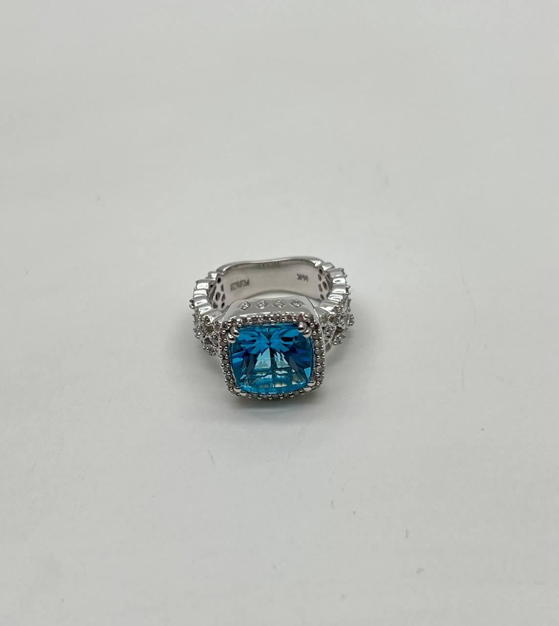 Cushion Shape Swiss Blue Topaz 14K White Gold Diamonds Halo Thick Band Ring