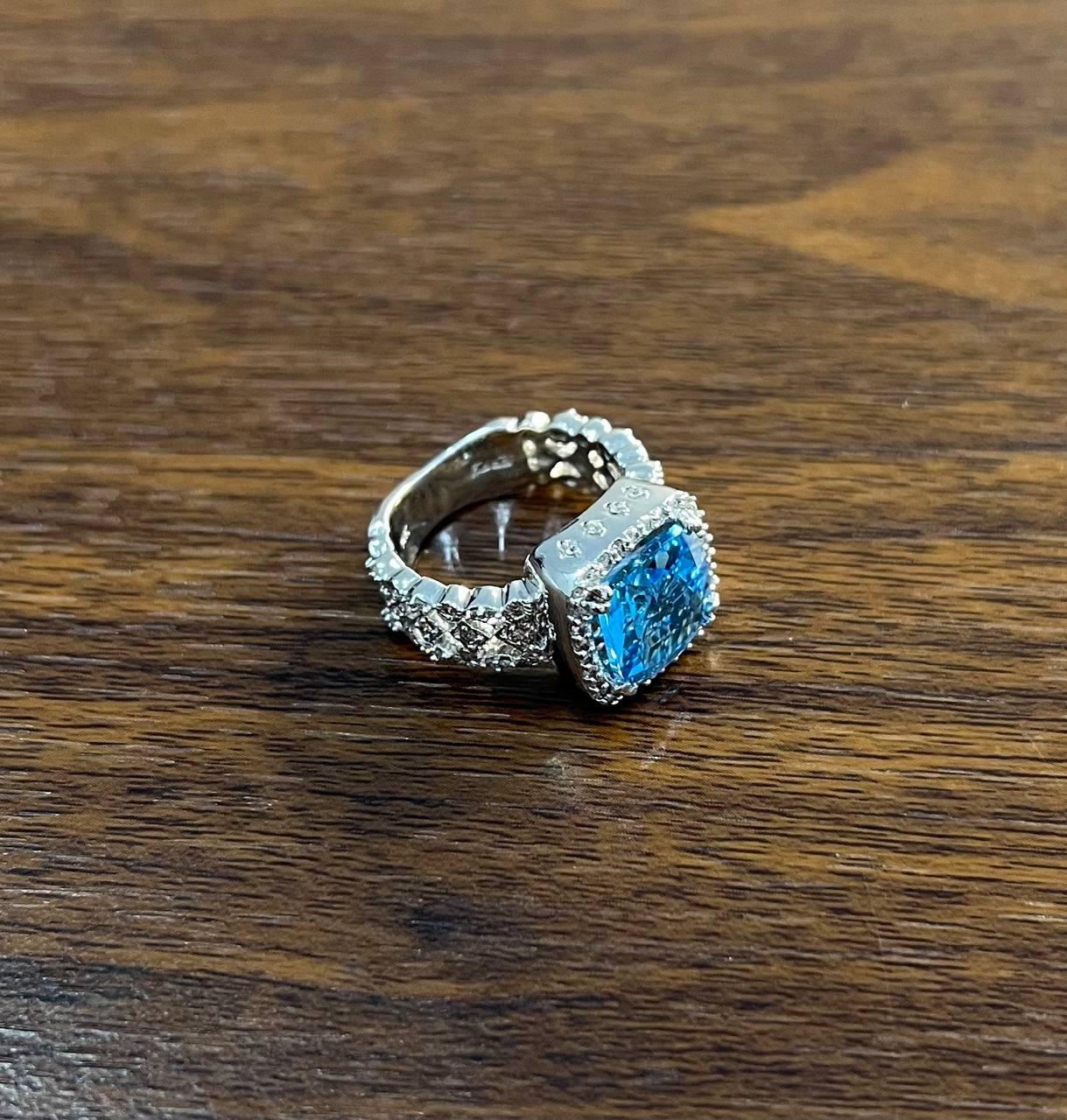 Cushion Shape Swiss Blue Topaz 14K White Gold Diamonds Halo Thick Band Ring