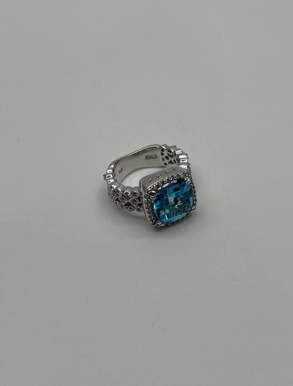 Cushion Shape Swiss Blue Topaz 14K White Gold Diamonds Halo Thick Band Ring
